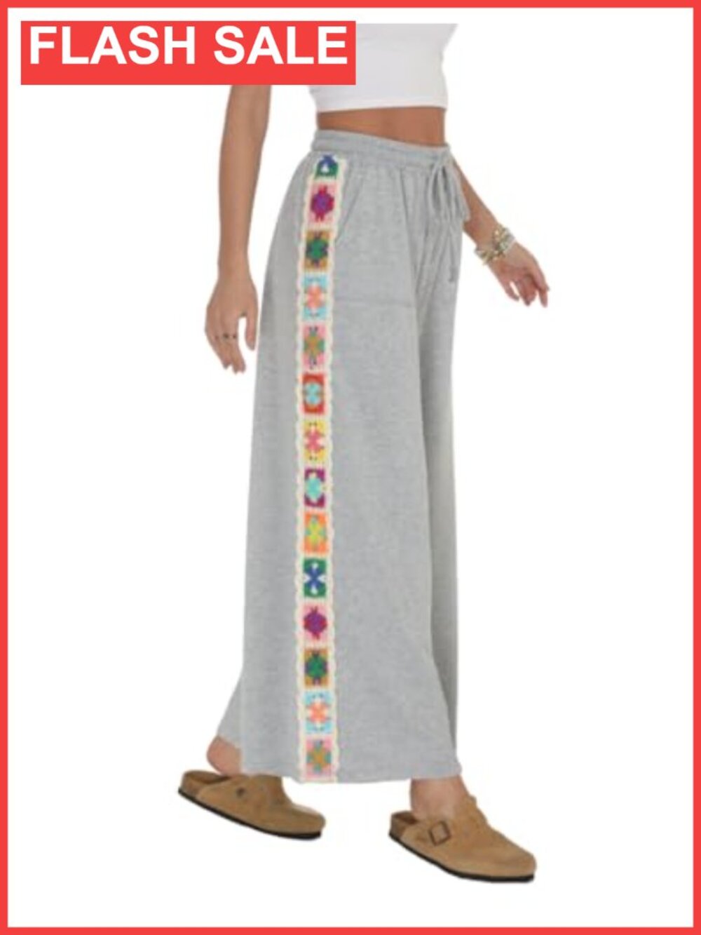 Womens Wide Leg Sweatpants High Rise Drawstring Crochet Panel Pockets
